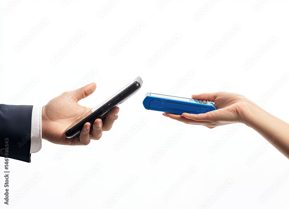 A hand transfers a smartphone to another hand holding a blue device, suggesting a transaction or exchange.