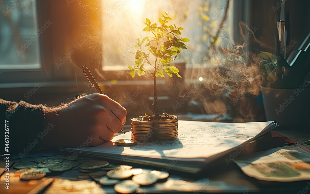 A hand writes notes beside a small plant growing from coins, symbolizing growth and investment.