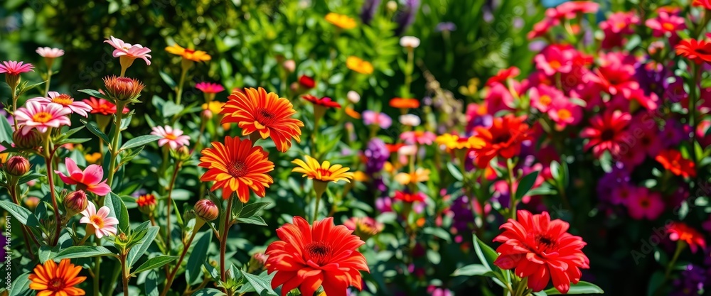 Obraz premium Vibrant blooms in a lush, sun-drenched garden, plants, natural