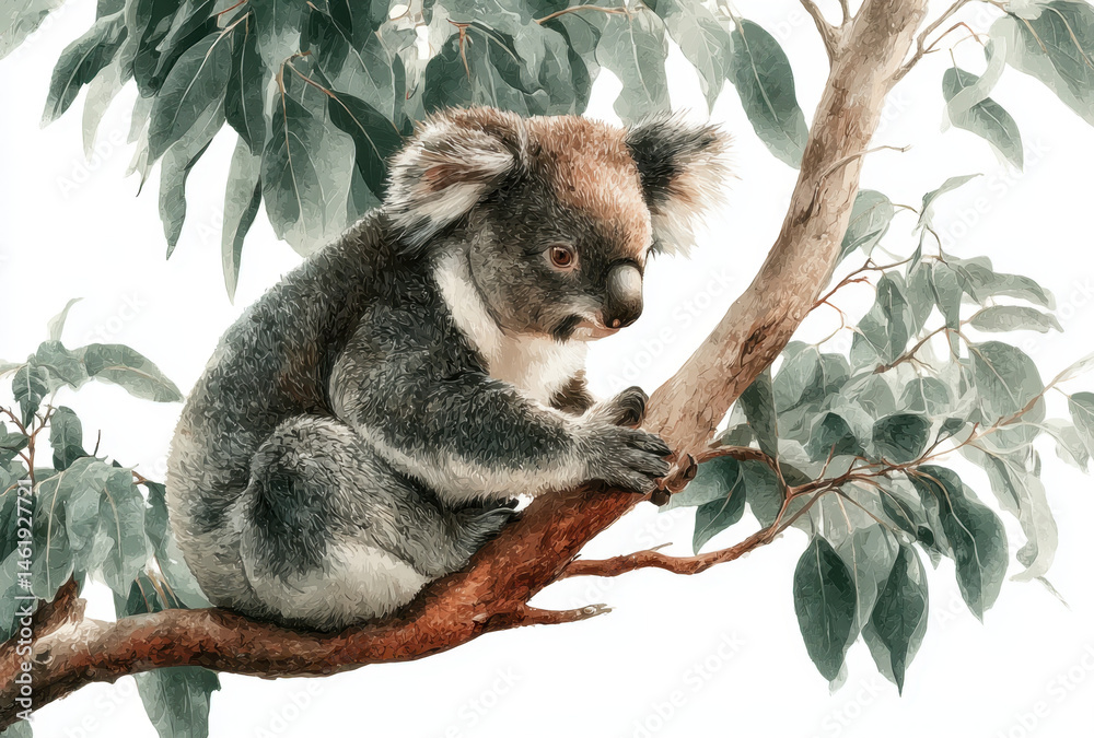 Fototapeta premium Grey Koala Sitting on Eucalyptus Branch