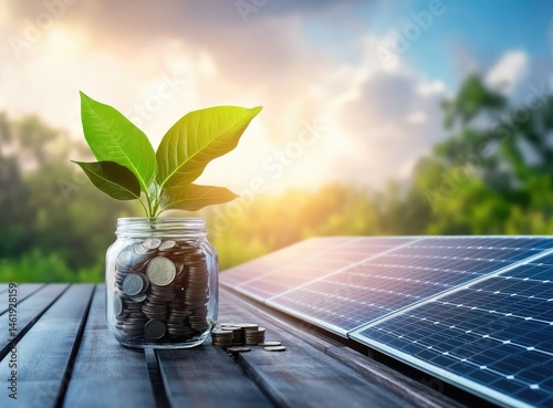 A jar of coins with a plant beside solar panels, symbolizing sustainable investment and eco-friendliness.