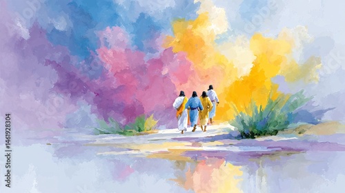 A Beautiful Watercolor Painting Capturing Two Individuals Walking on a Path Reflecting on Life's Important Journeys and Historical Events