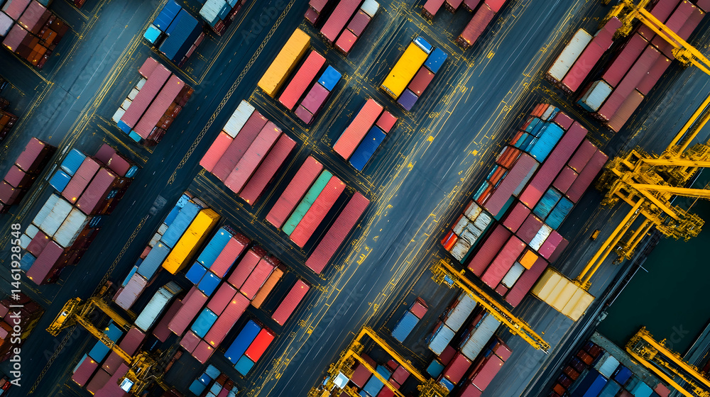 An aerial view of a busy shipping port with rows of colorful shipping containers An aerial view of a busy shipping port with rows of colorful shipping containers