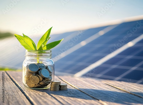 A jar of coins with a plant, symbolizing growth and sustainability against a backdrop of solar panels.