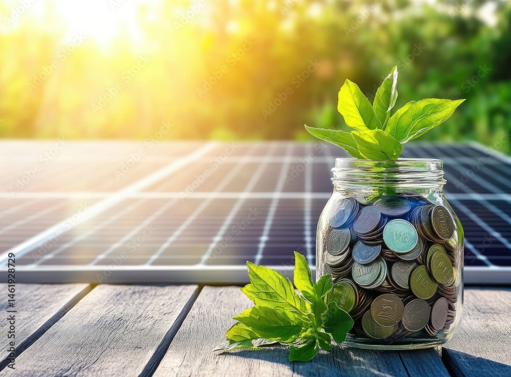 A jar of coins with fresh leaves sits on a wooden table, with solar panels in the background.