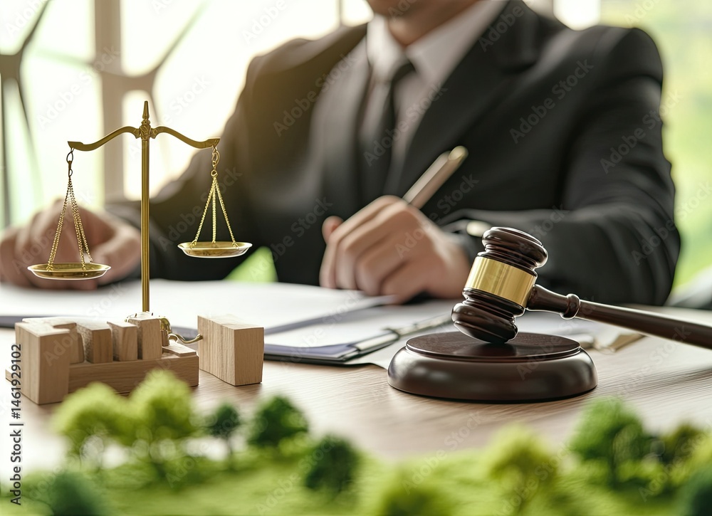 A lawyer reviewing documents with a gavel and scales of justice on the table, symbolizing legal work.