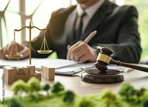 Obraz na płótnie A lawyer reviewing documents with a gavel and scales of justice on the table, symbolizing legal work. w salonie