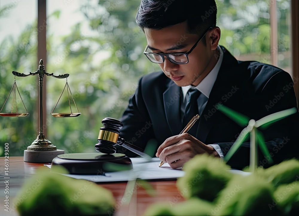 A lawyer writing notes with a gavel and scales of justice, symbolizing legal work and environmental focus.