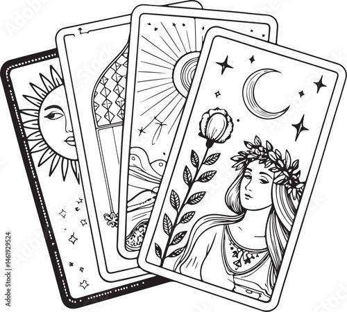 Taro Cards Spread, Card Deck for Reading Future, Black and White Vector Illustration, Sketch Drawing Line Linear Symbol Icon Engraving, Hand-drawn Isolated