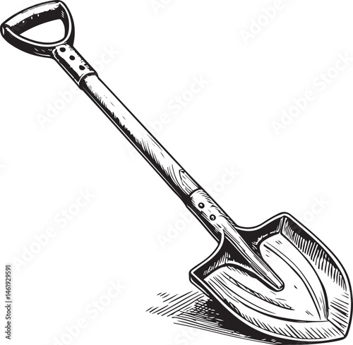 Hoe or Shovel, Farming and Agriculture, Black and White Vector Illustration, Sketch Drawing Line Linear Symbol Icon Engraving, Hand-drawn Isolated