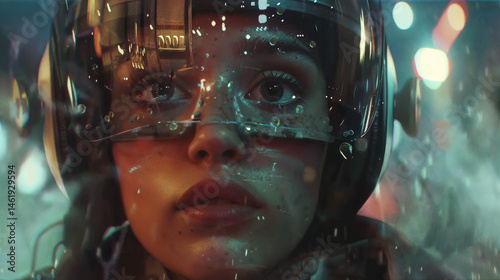 Wallpaper Mural Close-up of person wearing futuristic helmet with transparent visor reflecting colorful city lights. Raindrops or condensation on visor surface creating dreamlike effect. Cyberpunk portrait Torontodigital.ca