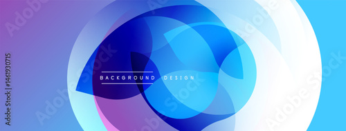 Abstract design features overlapping circles, gradients. Blue, purple hues dominate composition. Modern aesthetic, clean lines present.