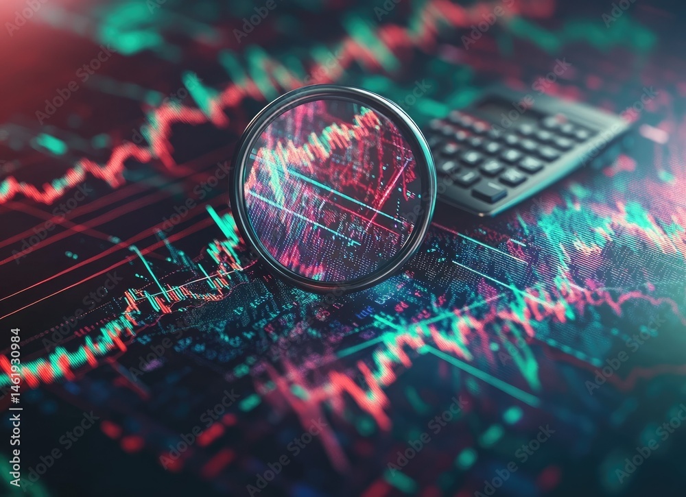 A magnifying glass over financial graphs and a calculator, symbolizing analysis and data interpretation.