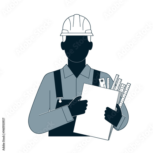 Black construction worker holds blueprints and tools
