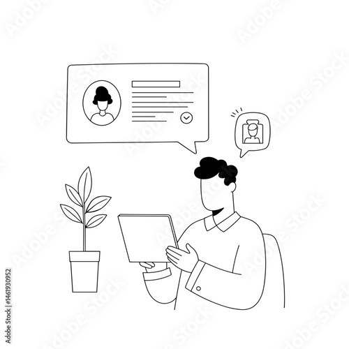Person socializing online and working with a tablet against a plant  