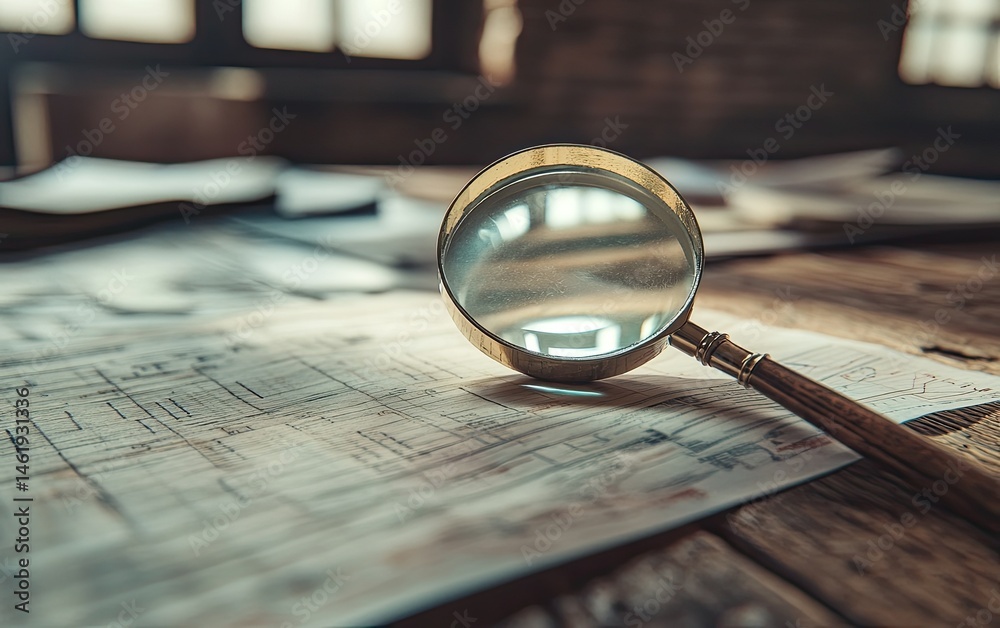 A magnifying glass rests on detailed blueprints scattered on a wooden table, suggesting investigation or analysis.