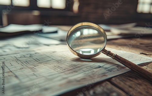 A magnifying glass rests on detailed blueprints scattered on a wooden table, suggesting investigation or analysis.