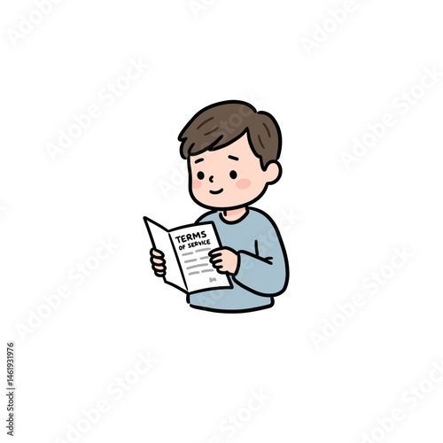 Man reading the terms of service document with a thoughtful expression, on a white background