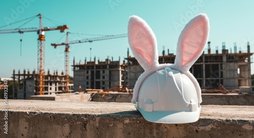 Hard Hat with Bunny Ears on Construction Site for Spring Holiday