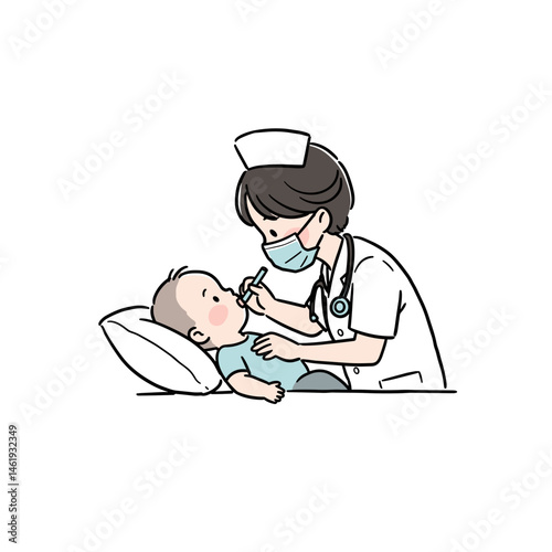 Nurse examining a baby patient with a thermometer, showing care and professionalism, on a white background