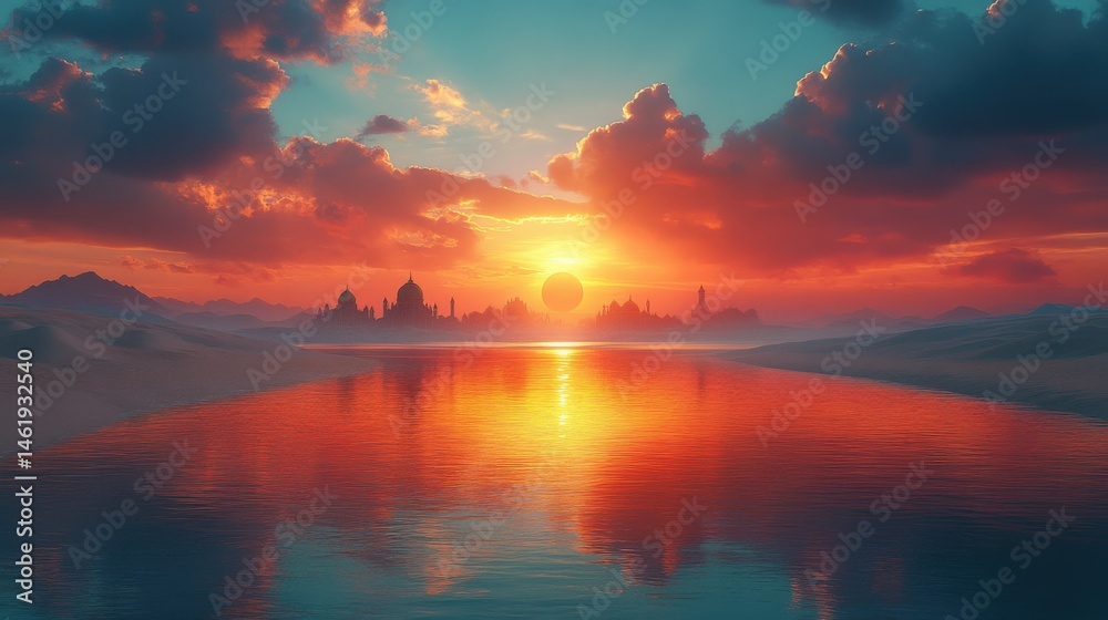 Fototapeta premium Dramatic Sunset over Desert Cityscape.