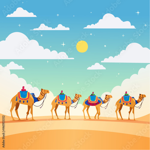 A photorealistic image of a camel caravan traversing the golden sands of a desert under a clear blue sky, representing the journey of Hajj during Eid al-Adha