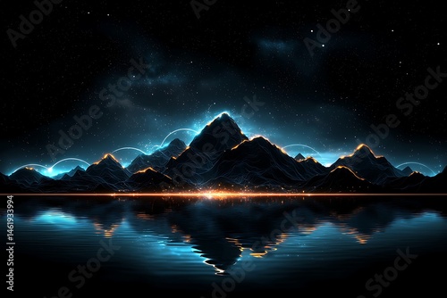Mystical mountain range reflected in a still lake under a starlit sky