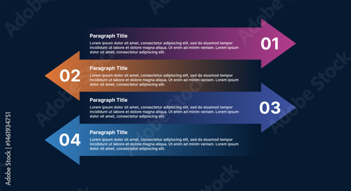 Horizontal arrow infographic with four colorful steps and gradient sections for process or timeline visualization.