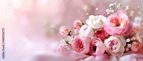 Delicate pink roses and babys breath bouquet on soft silk fabric, conveying romance, elegance, and celebration for wedding or valentines day