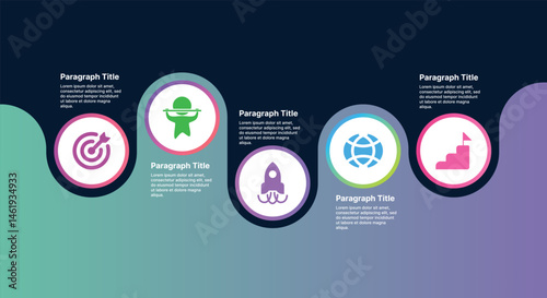 Colorful circular infographic with five icons representing success, goals, and innovation on a smooth curved timeline.