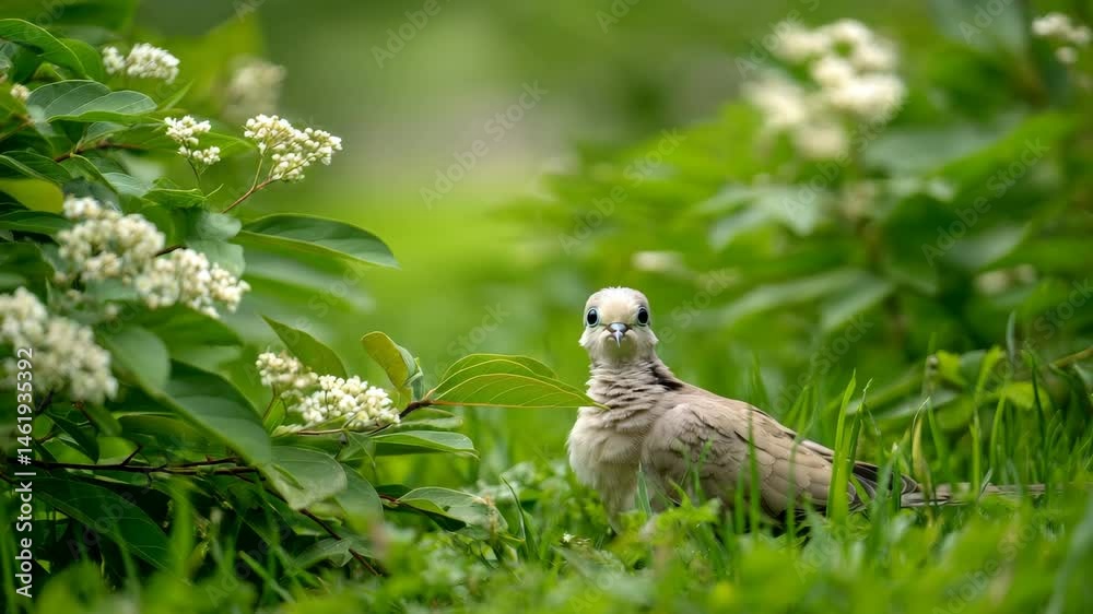 Elegant Dove Perched on Branch among Lush Green Foliage with Delicate White Flowers in Background Elegant Dove Perched on Branch among Lush Green Foliage with Delicate White Flowers in Background