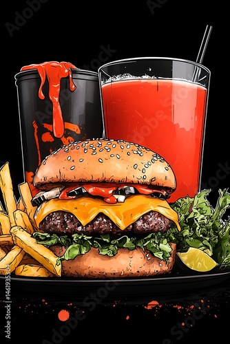 Spicy burger, fries, and drink combo