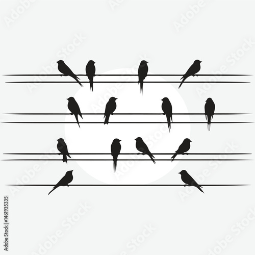 silhouettes of birds perched on power lines. The scene should evoke a peaceful, quiet moment in nature with birds scattered across four slightly uneven wires