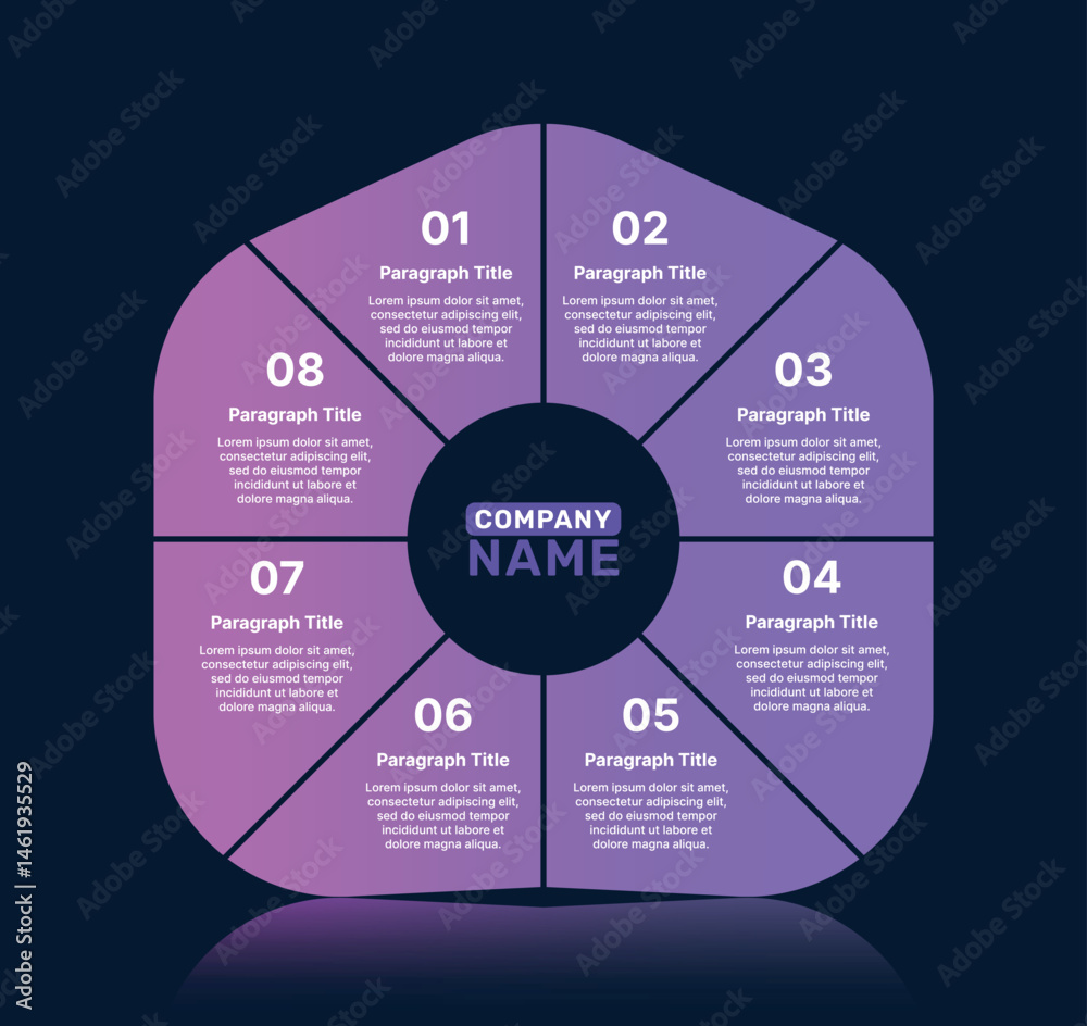 Fototapeta premium Circular 8-step business infographic with central company name and purple gradient segments for strategy or process presentation.