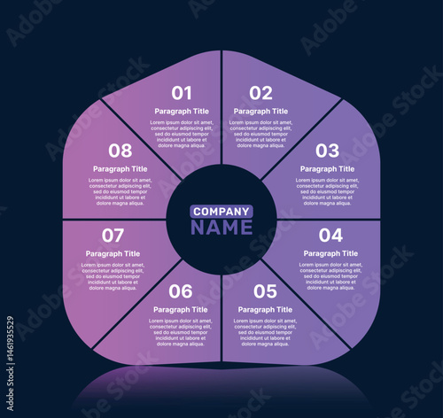 Circular 8-step business infographic with central company name and purple gradient segments for strategy or process presentation.