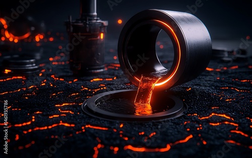 Molten metal poured into a ring-shaped mold on lava-like ground