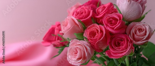 Romantic bouquet of pink roses on a pink silk background, symbolizing love, Valentines Day, and floral elegance
