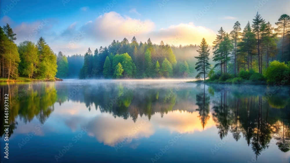 Obraz premium Forest Surrounding Serene Lake on Misty Morning, tranquil scene, lake scenery