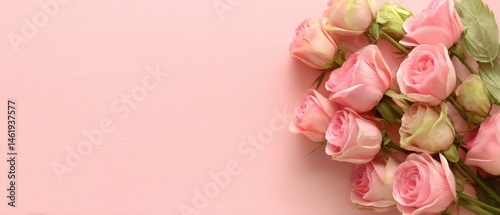 Delicate pink roses bouquet on pastel pink background with copy space Romantic floral arrangement for wedding, valentines day, or mothers day