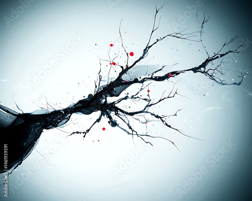 Abstract dark branches, fluid streaks, and red dots