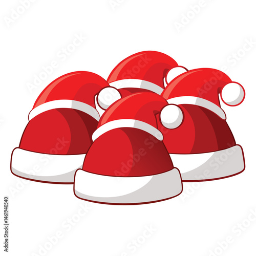 Five cartoon Santa hats with white trim and pom-poms are depicted on white background
