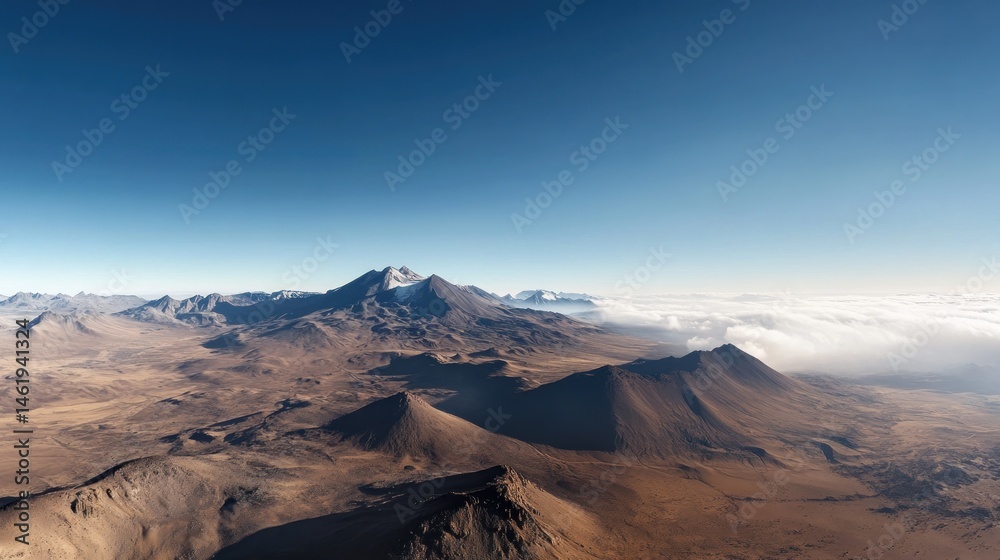 Naklejka premium Vast, arid landscape with towering, snow-capped mountains