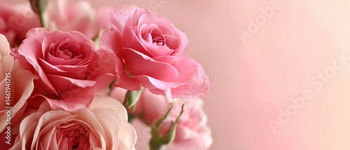 Delicate pink roses bouquet on soft pink background, romantic floral arrangement for wedding, valentines day, or special occasion