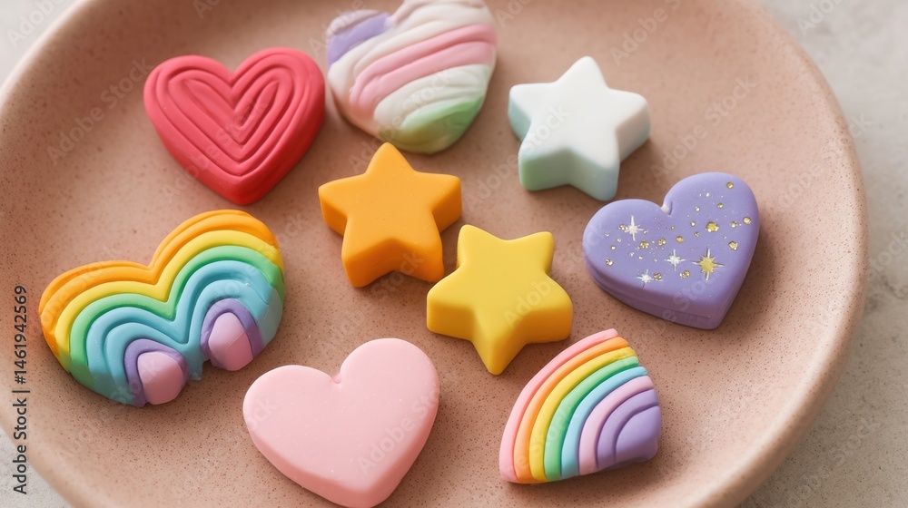 Fototapeta premium Colorful Heart and Star-Shaped Play Dough on a Soft Pink Plate for Creative Activities