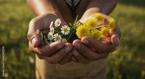 Close-up of Indigenous hands holding freshly picked medicinal herbs, softly blurred natural background with warm lighting