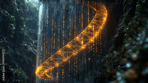 Acid rain storm encircling cryogenic seed vault, DNA helix pillars with data corrosion effects, 40% negative space, and editable species index grid.