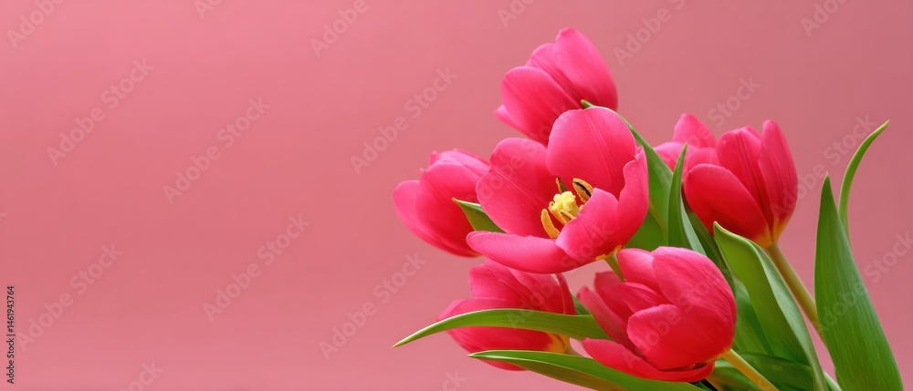 Obraz premium Vibrant pink tulips bouquet with fresh green leaves against a soft pink background, symbolizing spring, love, and celebration