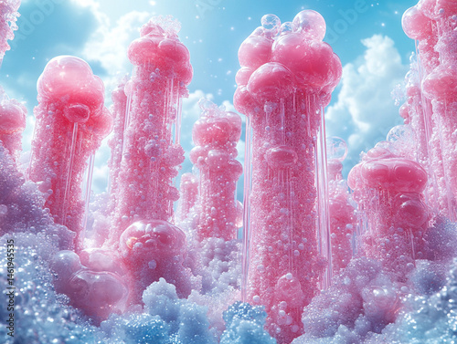 Gigantic hydrogel patches restoring the ozone layer, nano-scale pollutant filtration visualization, Pantone 2025 crisis color scheme gradient background.