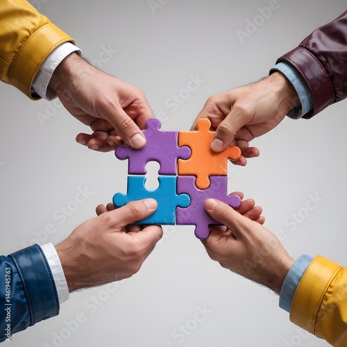 Collaborative puzzle solving event office space teamwork concept bright environment close-up viewpoint