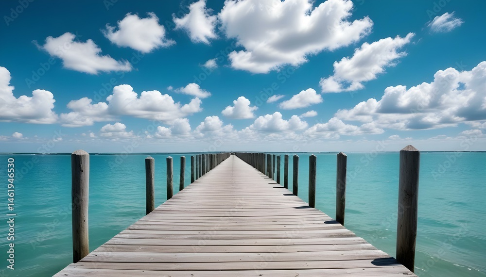 A long wooden pier stretches out into a clear turquoise sea under a beautiful blue sky. A long wooden pier stretches out into a clear turquoise sea under a beautiful blue sky.